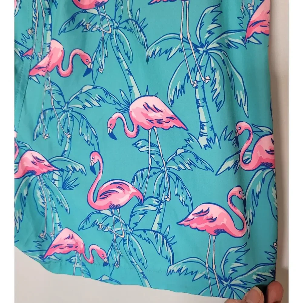 Hot Coals Mens Lined Board Shorts or Swim Trunks Tropical Teal Flamingos Sz: XL